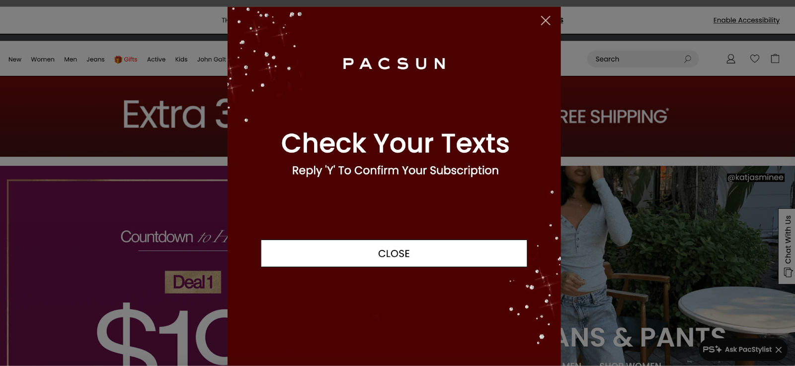 Pacsun email and SMS popup