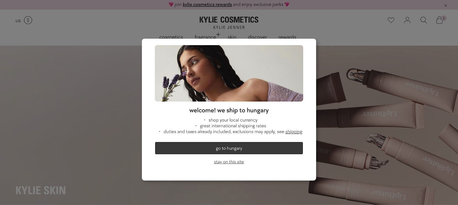 Kylie Skin's enhanced customer experience with country specific popup.