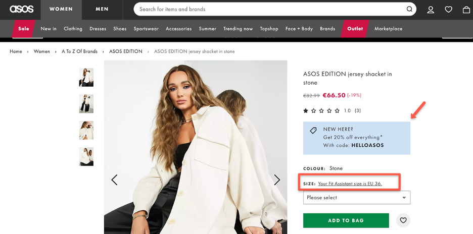 Personalized website example from ASOS