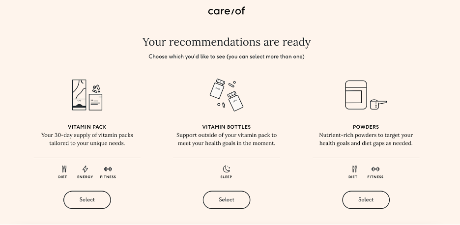 E-commerce personalization based on Care/of's quiz