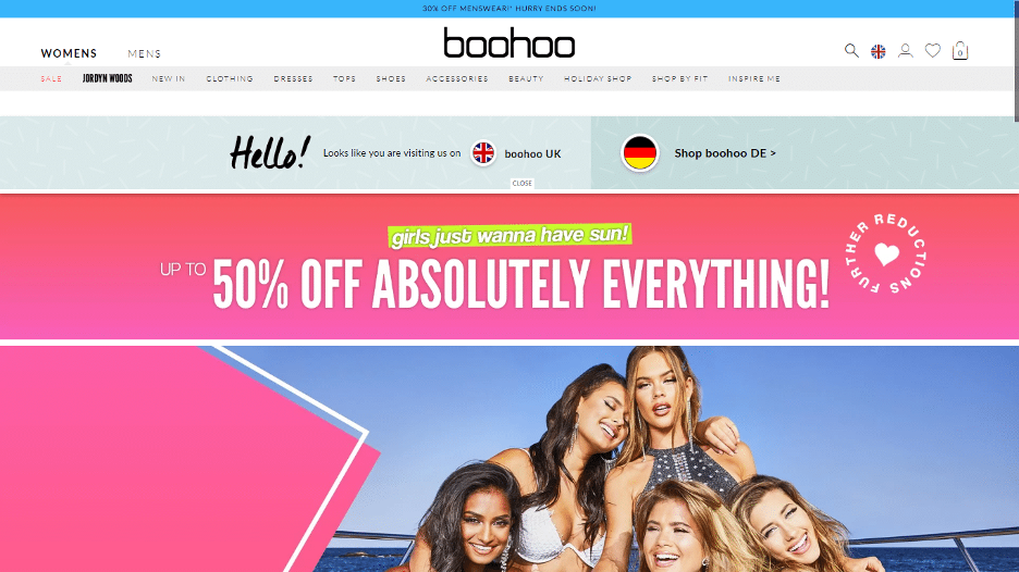 Personalized content example from Boohoo