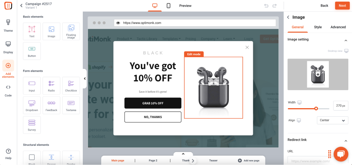 OptiMonk drag and drop editor for your pop-up