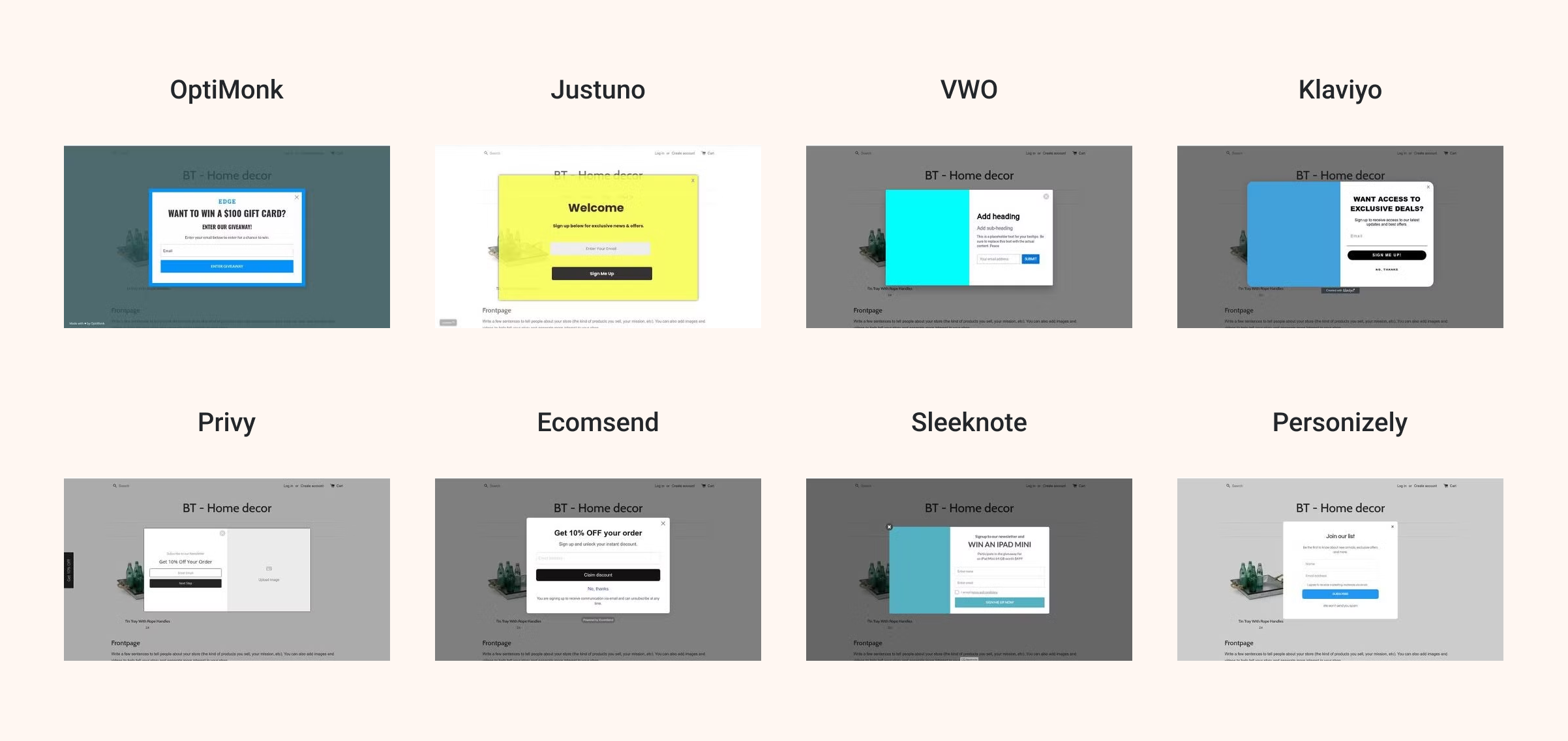 Pop-ups used in the page speed test