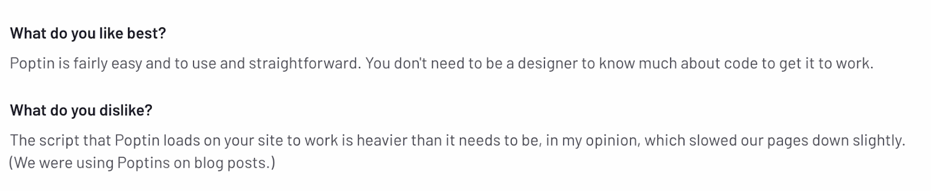 A customer review of Poptin identifying page load time as an issue