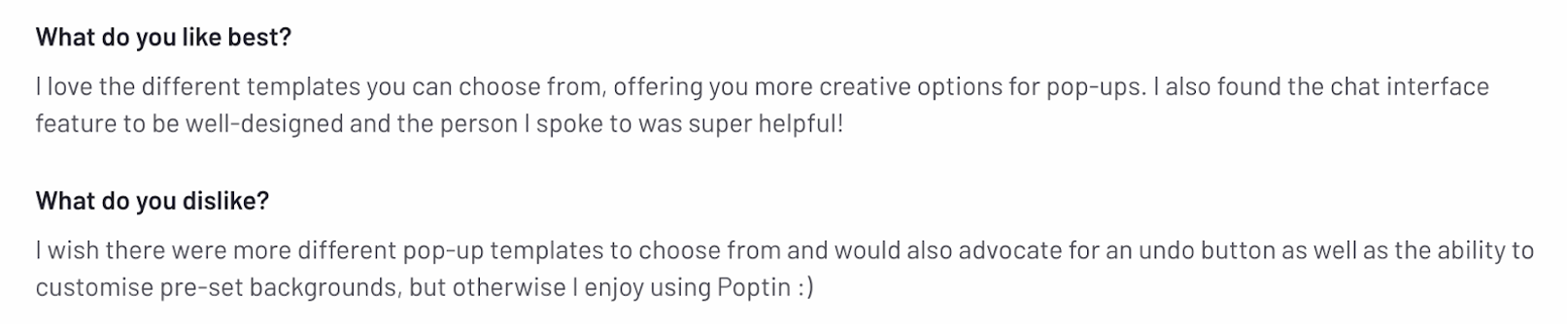 A customer review of Poptin identifying limited templates as an issue