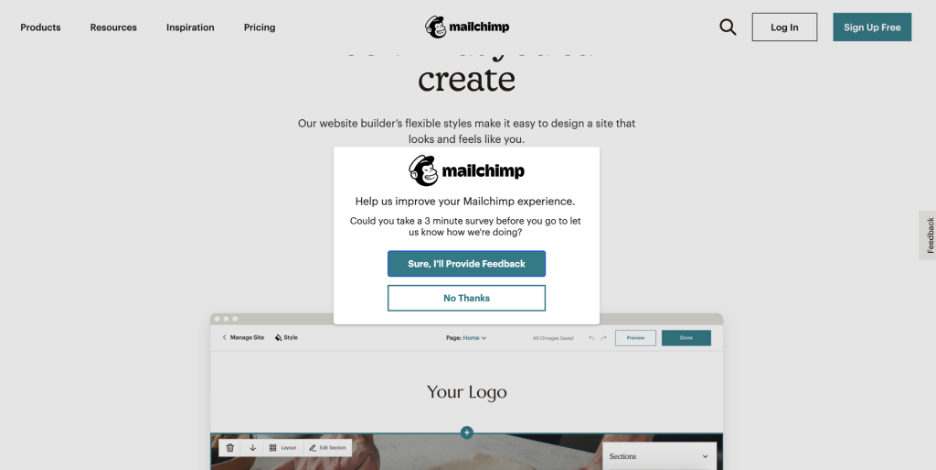 ugly popup design example from Mailchimp