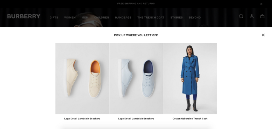 Burberry product recommendation popup example