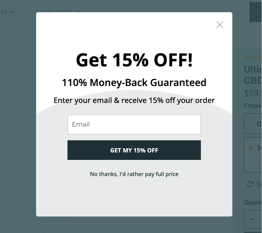 A popup offering money-back guarantee