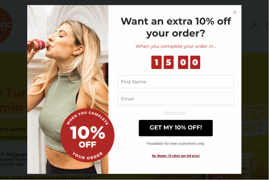 popup offering a discount based on the cart value