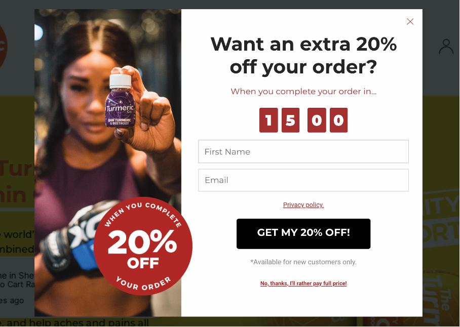 popup offering a discount based on the cart value