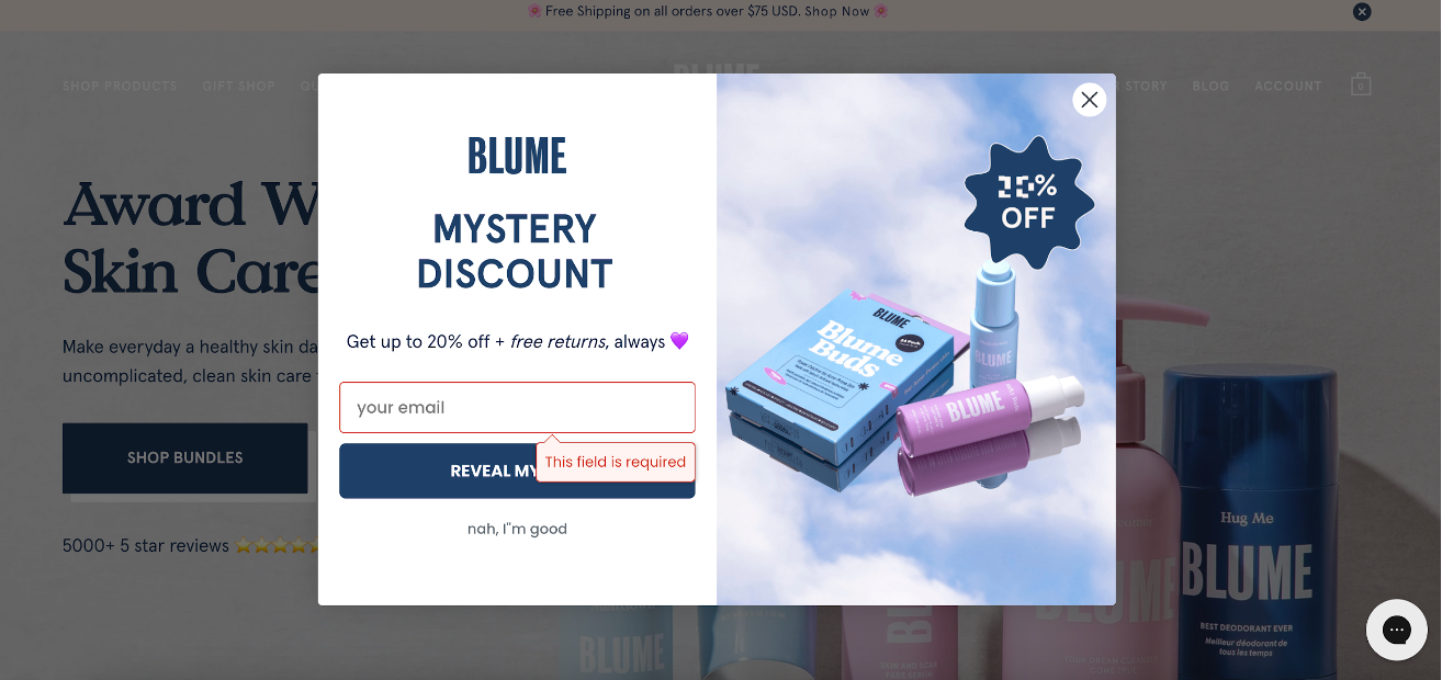 Blume welcome pop-up message example