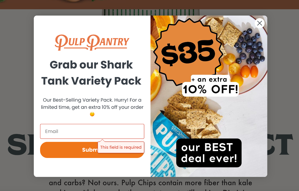 Pulp Pantry email pop-up message example