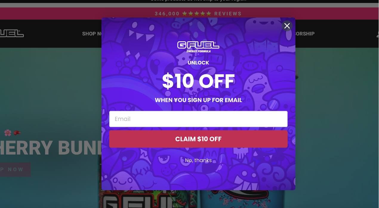 G Fuel email pop-up example