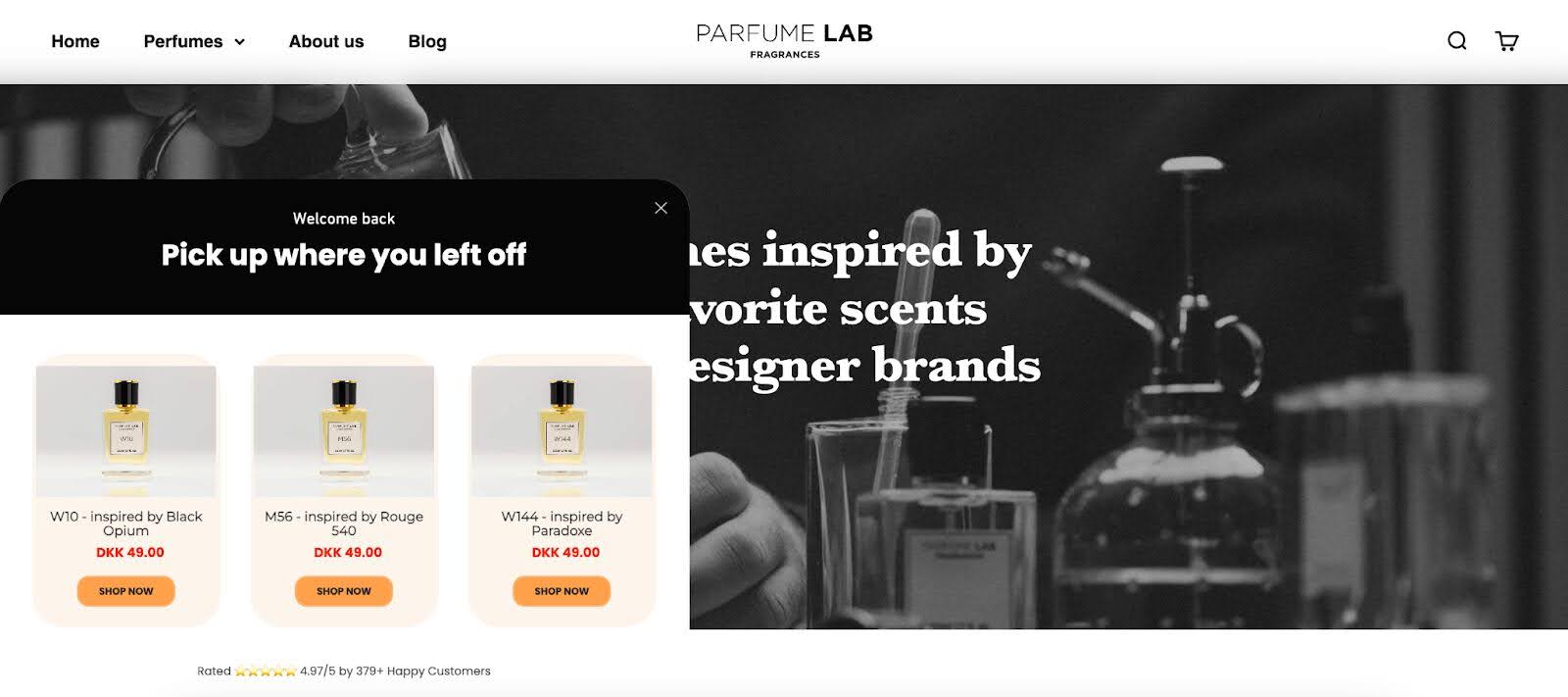 ParfumeLab is tackling cart abandonment and drive sales with a browsing reminder popup.