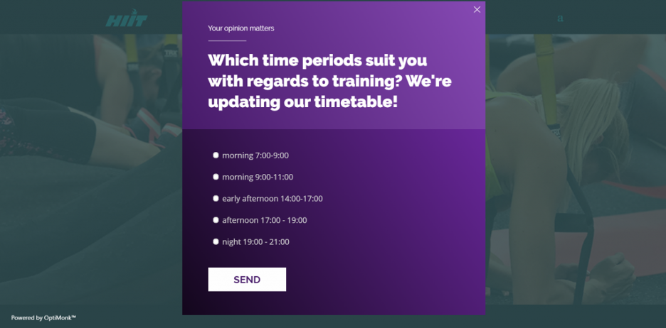 Popup surveys asking about gym schedules