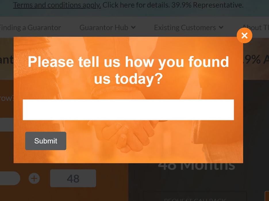 Pop-up survey on the website asking how the visitor found the company