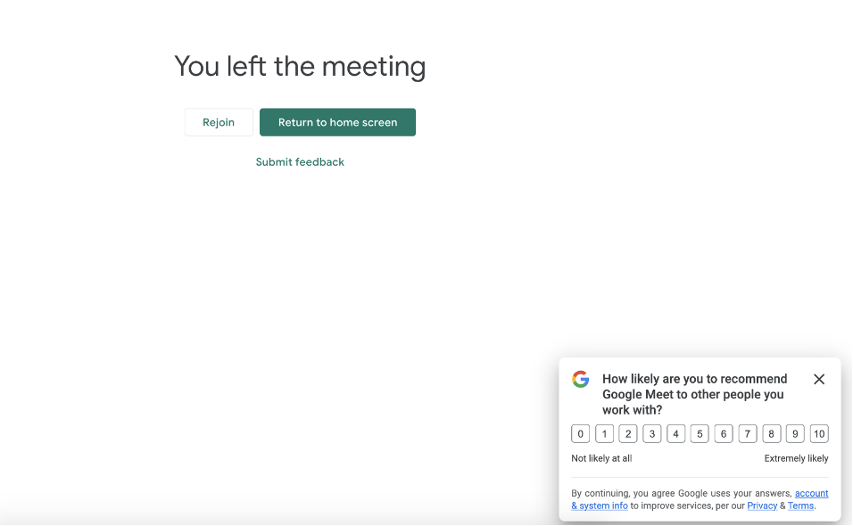 Google Meet net promoter score pop-up surveys