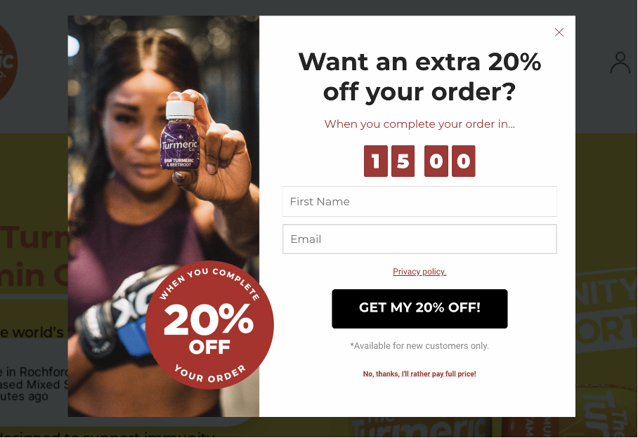 Turmeric Co.'s countdown popup build exictement by offering a 20% if the visitor completes the order in 15 minutes.