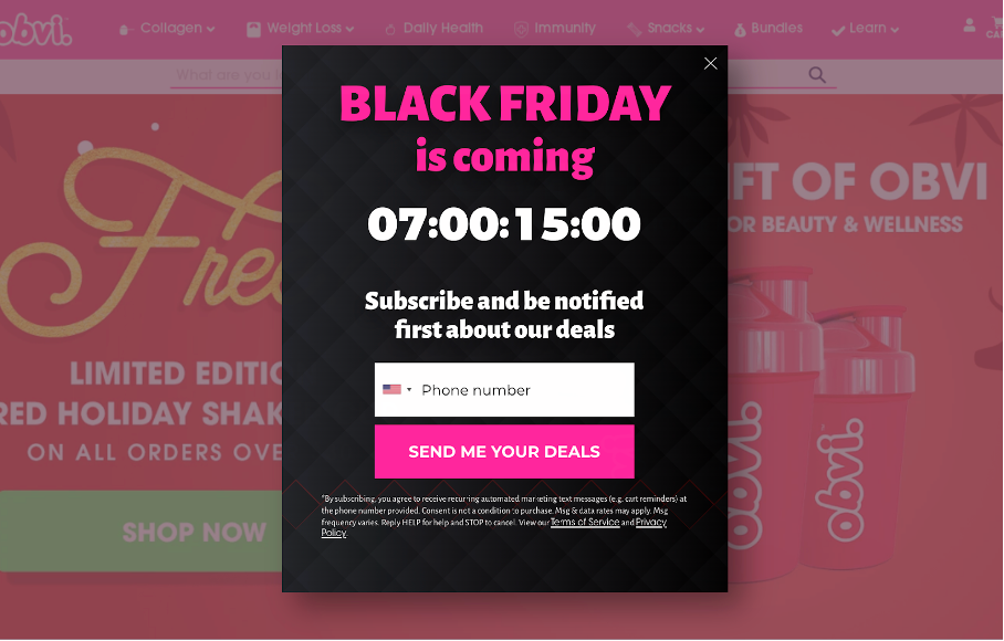 Obvi promotes their Black Friday sale as a special occasion for new subscribers.