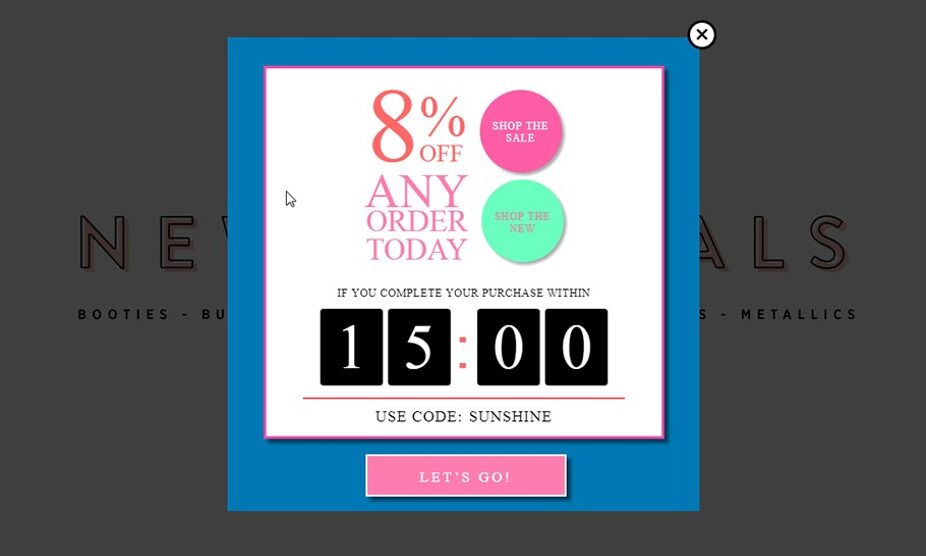 ZooShoo's popup campaign offer discount for a limited period, on any order.