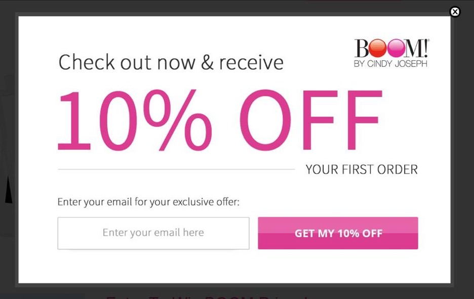 Pop-up example on the Boom website to improve user experience