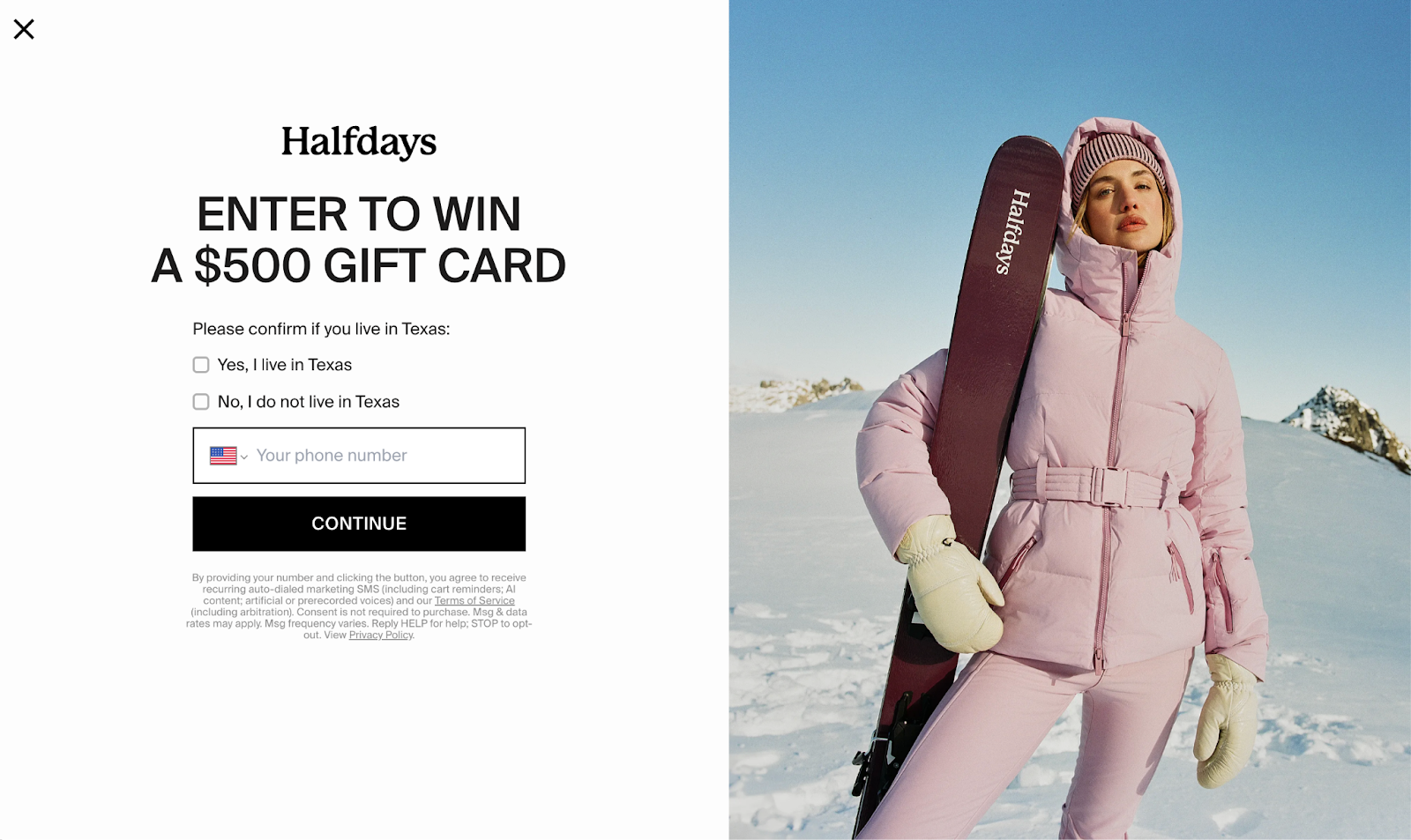 Halfdays also asks for your phone number in a multi-step popup.