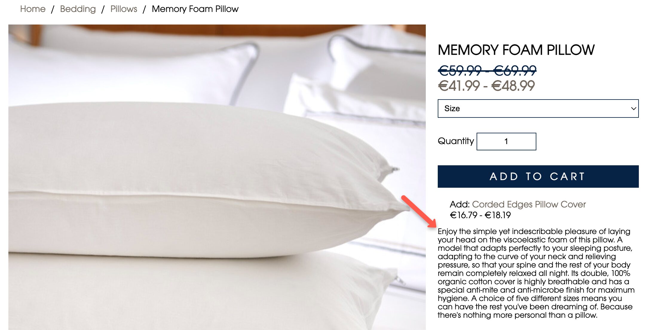 Memory foam pillow product page