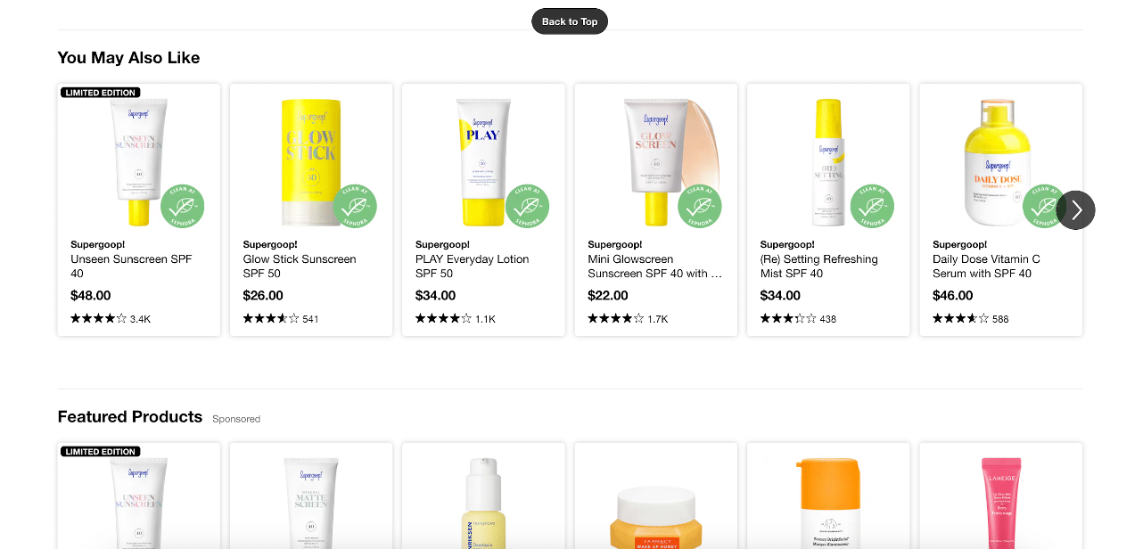 Sephora product page example with personalized recommendations