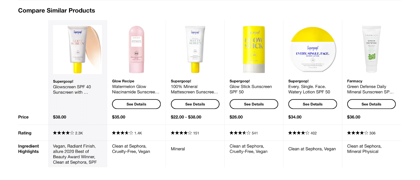 Sephora product comparison on product detail pages