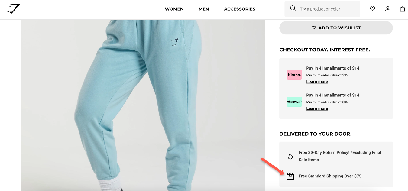 Gymshark product page including shipping details