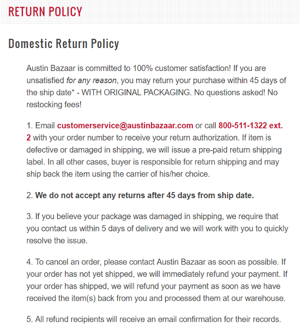 Return policy is relevant information customers are looking for on a product detail page