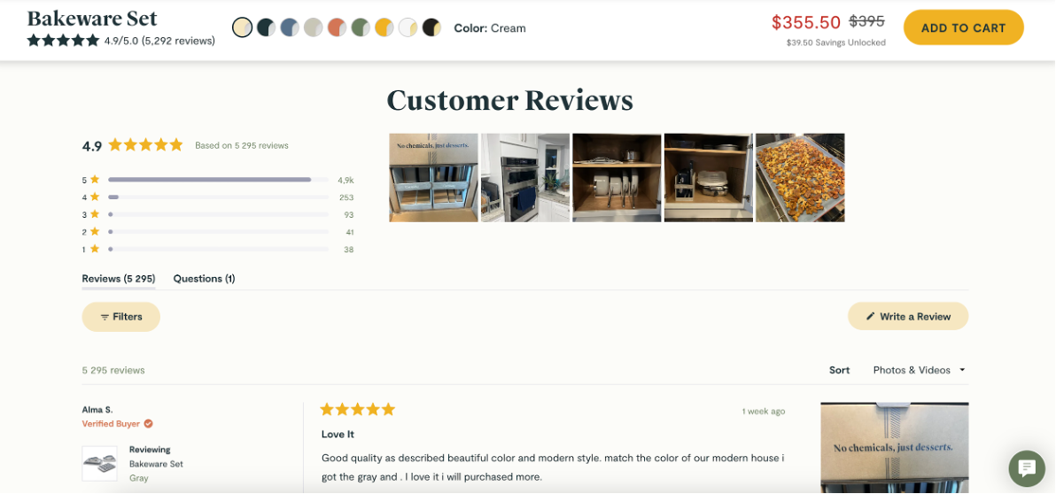 Caraway product detail page example highlights product ratings