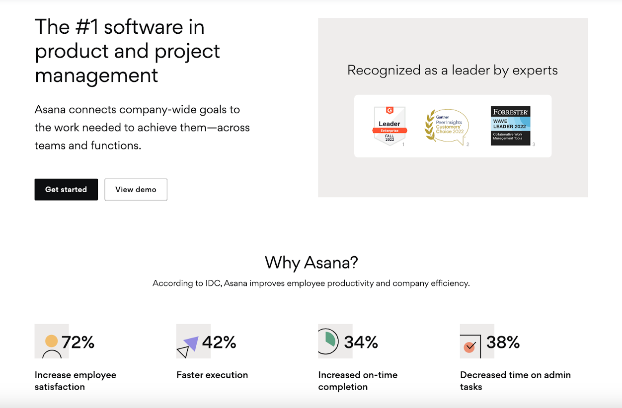 Asana uses numbers in their great product landing page copy - product landing page example 1