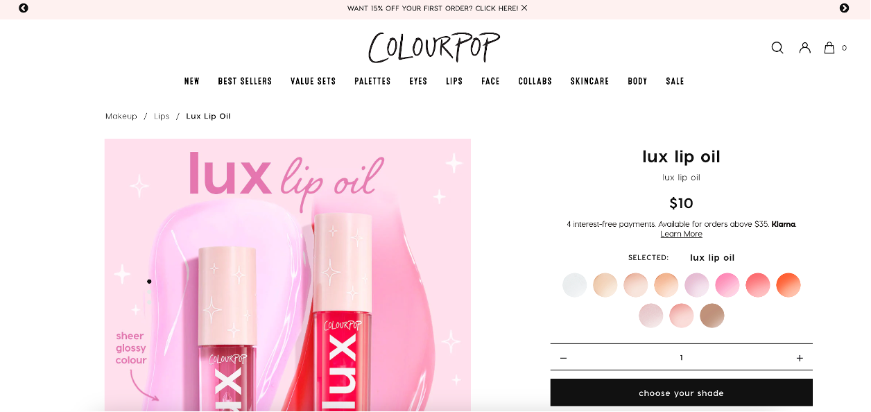 Colourpop e-commerce store product page example with call-to-action button above the fold