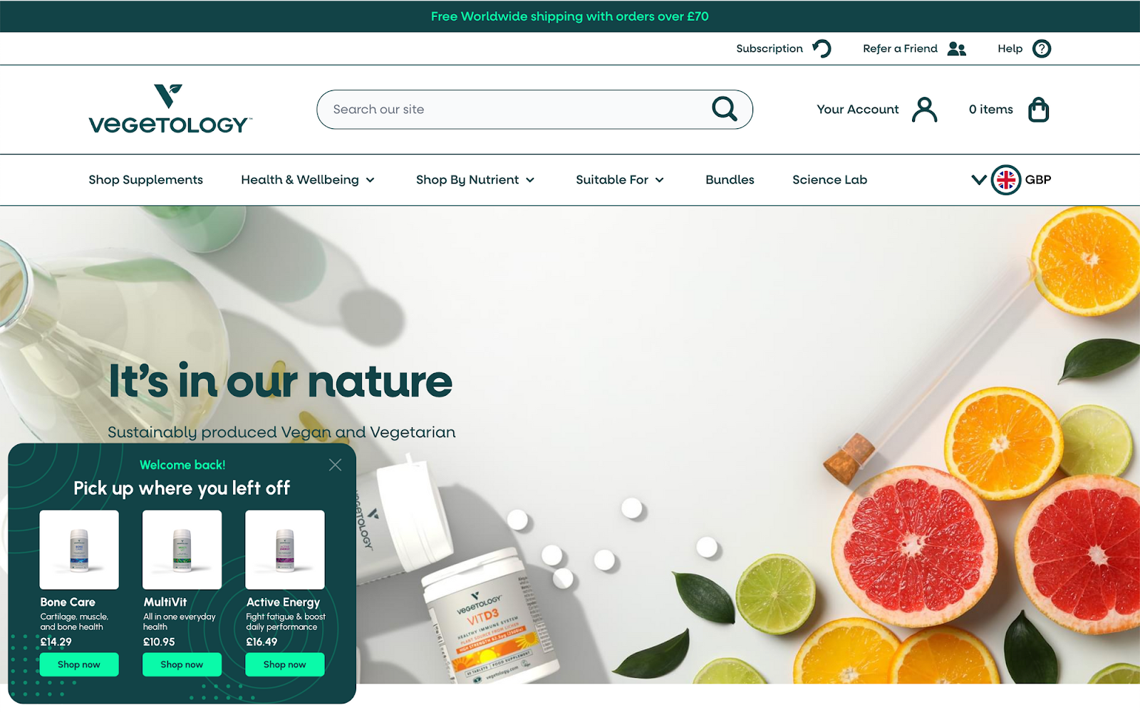 Vegetology product recommendations Shopify store.