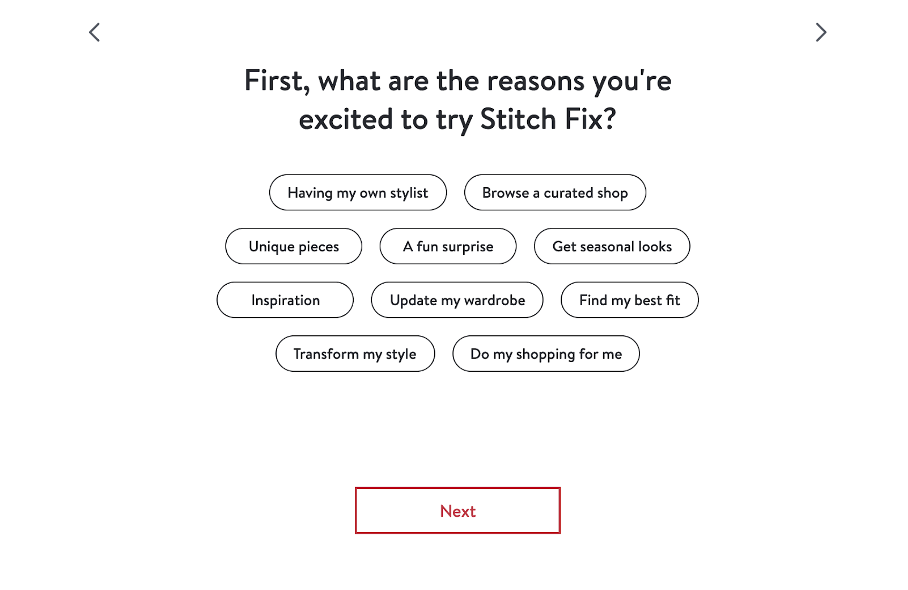 A quiz funnel from Stitch Fix and quiz answer options