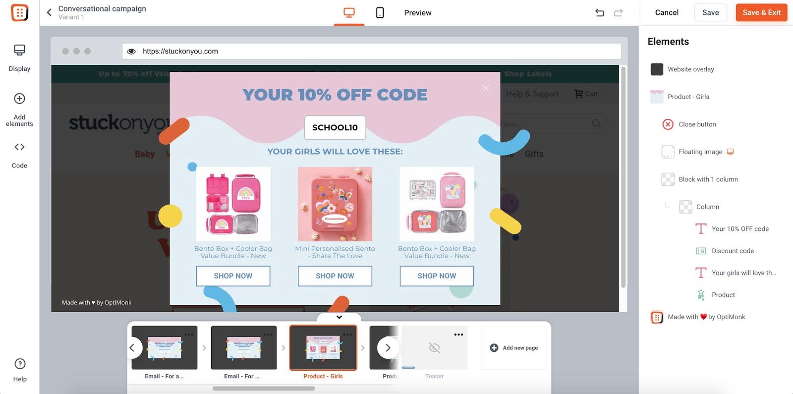 Create a quiz in OptiMonk's drag and drop editor to generate leads.