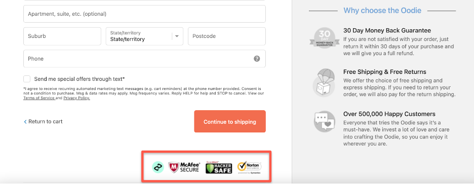 Security logos on The Oodie checkout page to reduce shopping cart abandonment