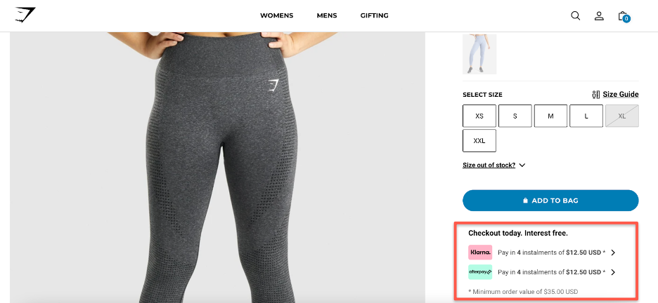 Gymshark shows clear payment options on product page to decrease shopping cart abandonment