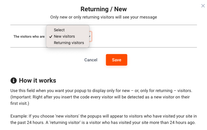 OptiMonk pop-up targeting for returning vs new visitors