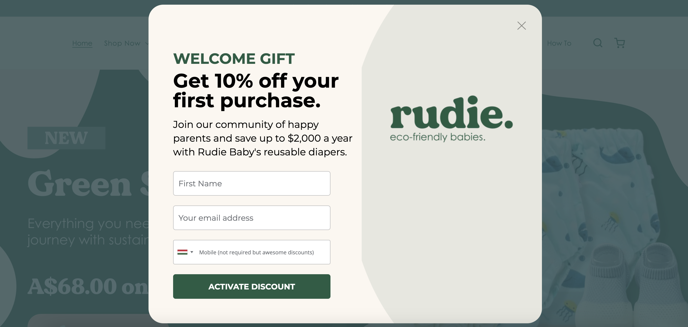 Rudie Baby's popup design example has an additional phone number option