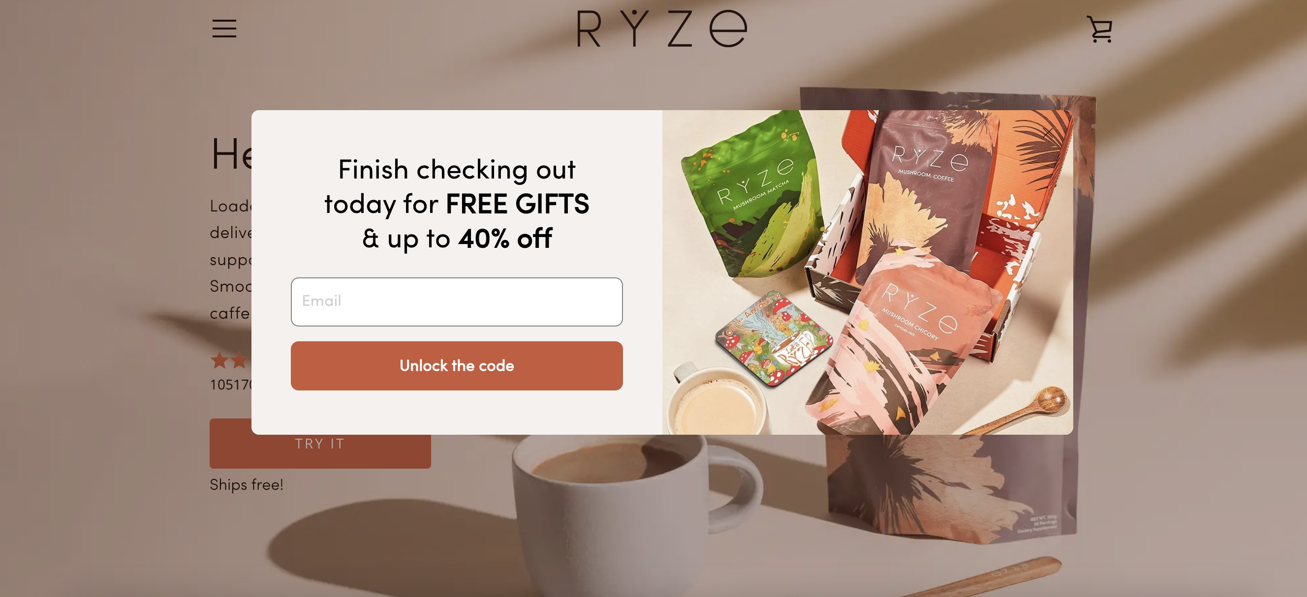 RYZE Mushroom Coffee's popup example offers a free gift and 40% off