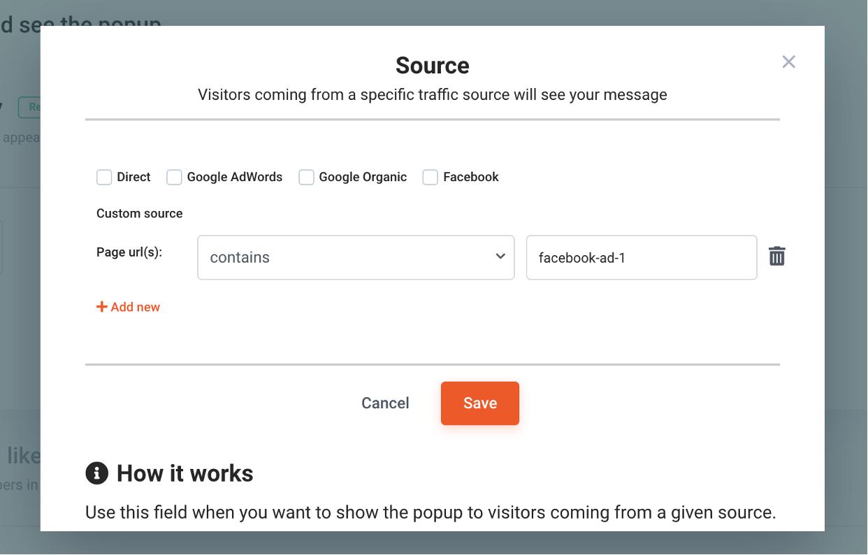 OptiMonk’s traffic source selection feature