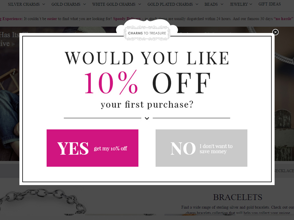 CharmsToTreasure.com discount popup example