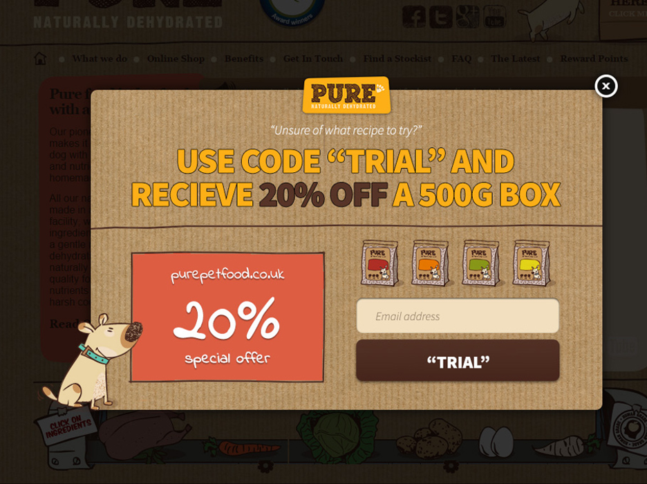 PurePetFood.co.uk discount popup example