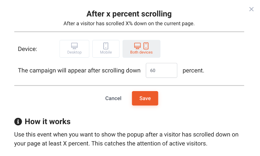 Trigger a scroll-based pop-up when visitors have seen a certain percentage of a page