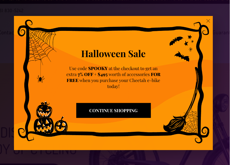 A Halloween promotional popup from ebikevault.com