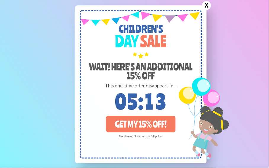 A Children’s Day cart abandonment popup from thestemkids.co