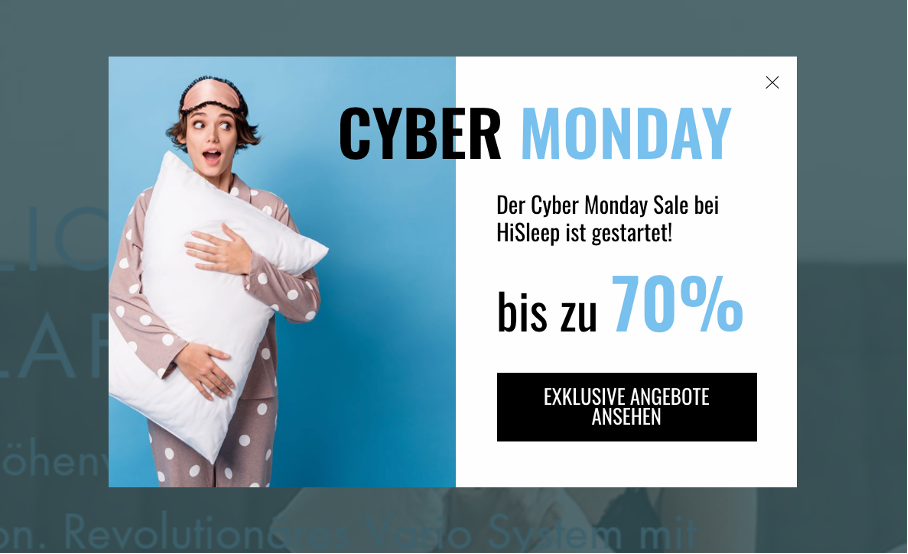 A Cyber Monday promotional popup from hisleep.de