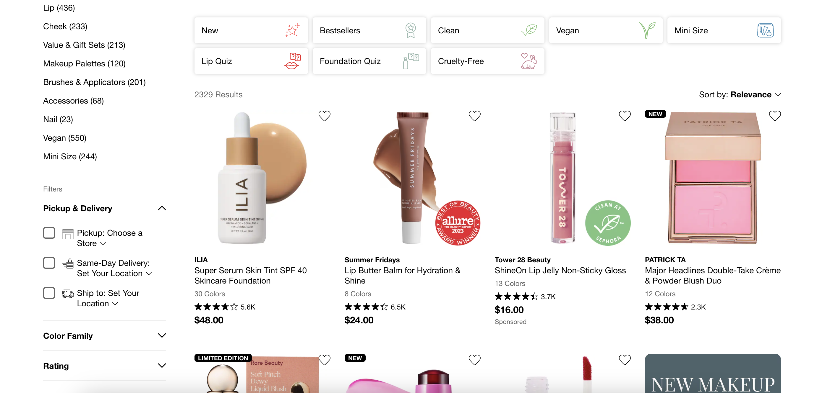 Sephora category page with star ratings